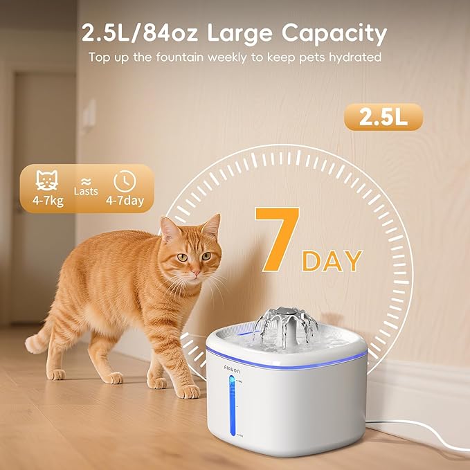 Cat Water Fountain,84oz/2.5L Pet Cat Fountain – Ultra Quiet Upgraded Automatic Pet Water Dispenser with 8 Replaceable Filters, Indoor Cat & Dog Drinking Bowl