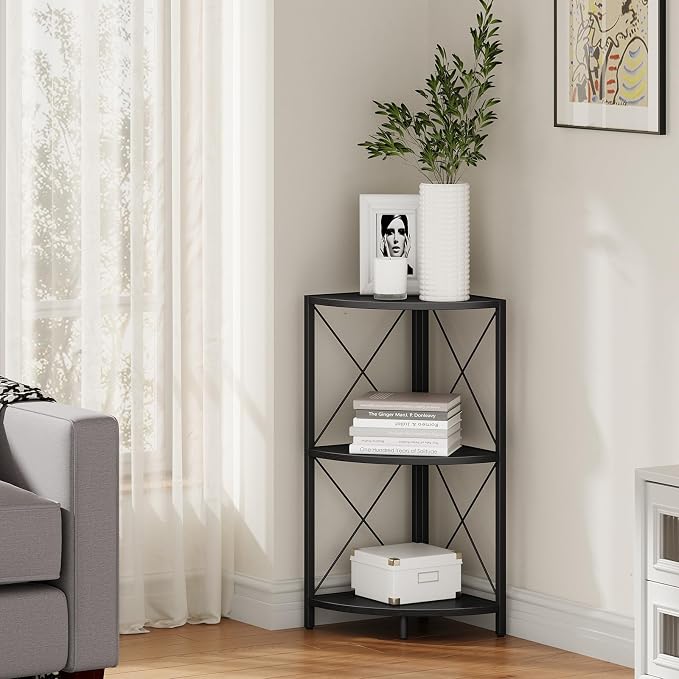 Snughome Corner Shelf with Metal Frame, 3 Tier Corner Storage Organizer, Freestanding Corner Bookshelf Stand Display Rack for Kitchen, Living Room, Black