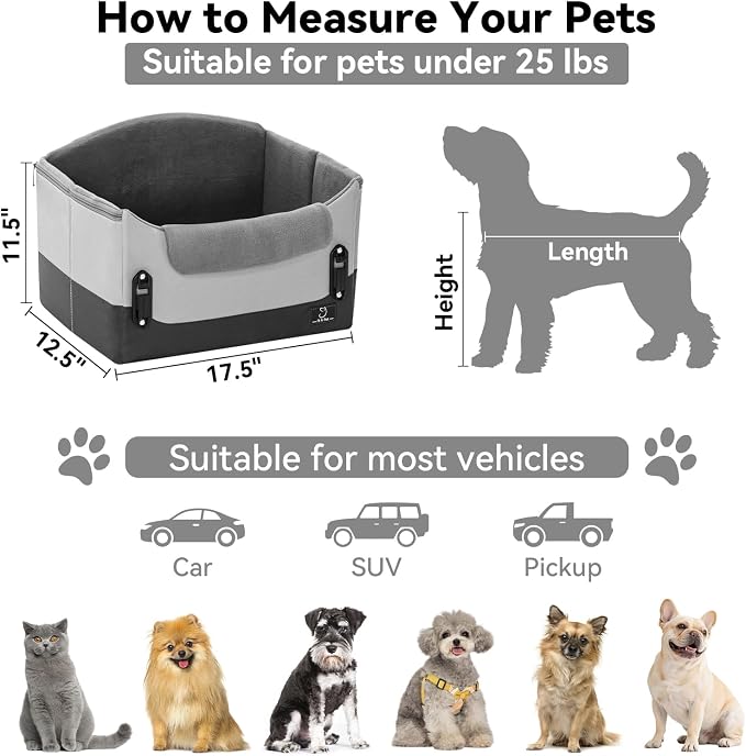 A 4 Pet Dog Car Seats for Small Dogs, Under 25 lbs, Patent Buckles | Adjustable leash, frame support, reduces anxiety, for cars/SUV/pickup