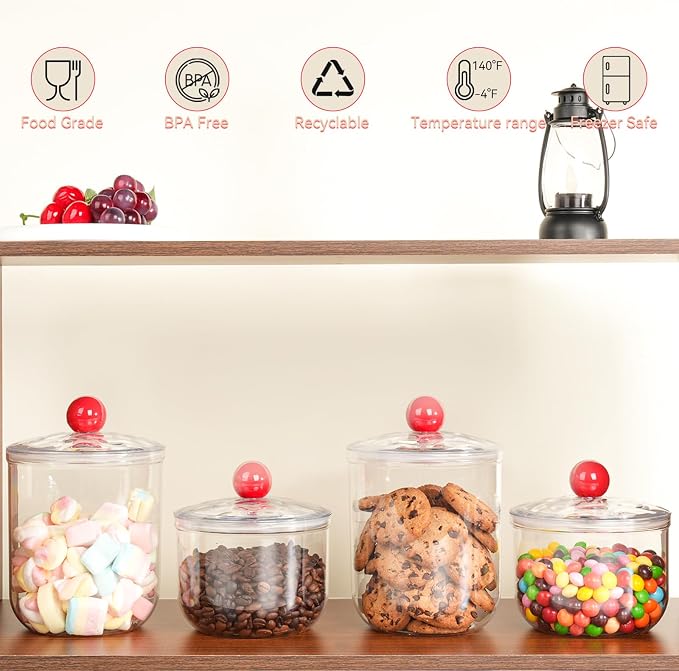 47 Oz Candy Jars with Lids - Clear Plastic Cookie Storage Containers Airtight Apothecary Canisters for Kitchen Home Decorative Pantry Office Party Organize Sugar Tea Coffee Snacks
