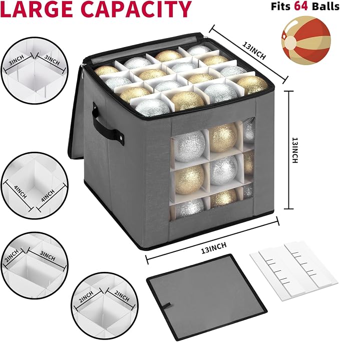 DIMESHY Christmas Ornament Storage Box Holds 64 Holiday Decorations,GRAY | Ornament Storage Container with Two Sturdy Carrying Handles,Adjustable Dividers,Holds Up to Christmas Ornaments by DIMESHY