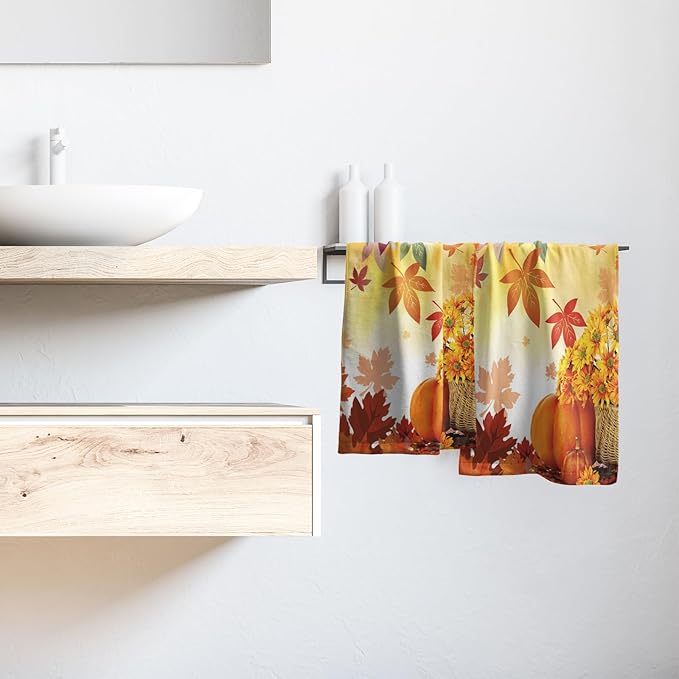 Giwawa Fall Pumpkin Towels 15x30 Set of 2, Autumn Maple Leaves Yellow Sunflowers Hand Towel, Seasonal Farmhouse Thanksgiving Harvest Face Towel Washcloth for Bathroom Hotel Guest Log Cabin Decoration