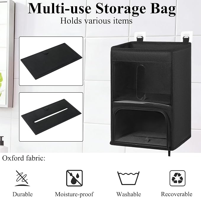 2-in-1 Plastic Bag Holder with Clear Window, Large Grocery Bag Holder and garbage bag dispenser with Easy-Access Openings, Trash bag organizer for Kitchen RV Cabinet Wall Mounted (Black）