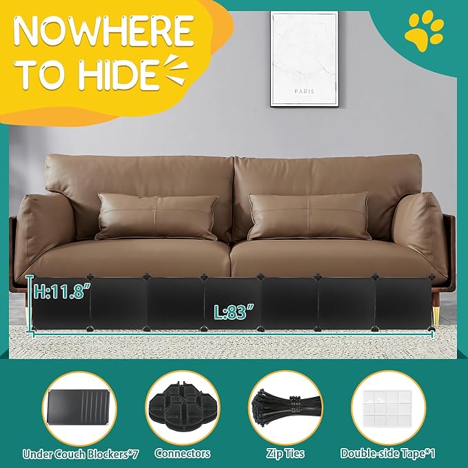 7 Pack Under Bed & Couch Blocker for Pets and Toys - 83" Length, 11.8" Height for One Side of Queen Bed | Includes Sticky Tape, Connectors & Zip Ties - Black