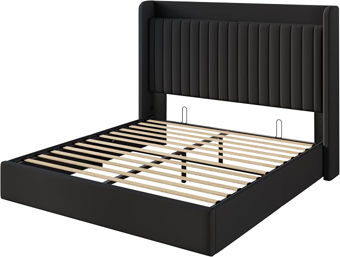 SHA CERLIN Full Size Lift Up Storage Bed Frame, Charging Station, Black | Storage Headboard with Charging Station, USB, Type-C Port Velvet Hydraulic Storage Bed No Box Spring Needed Noise Free