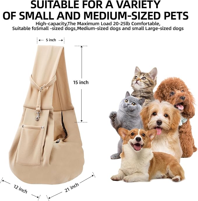 ARZQUT Dog and Cats Carrier Sling, Small Pet Carrier with Storage Pocket | Reversible Puppy Sling Carrier, Safety Buckle, Storage bag, Machine Washable for Travel, Outdoor Activitie, Hand-Free,Apricot