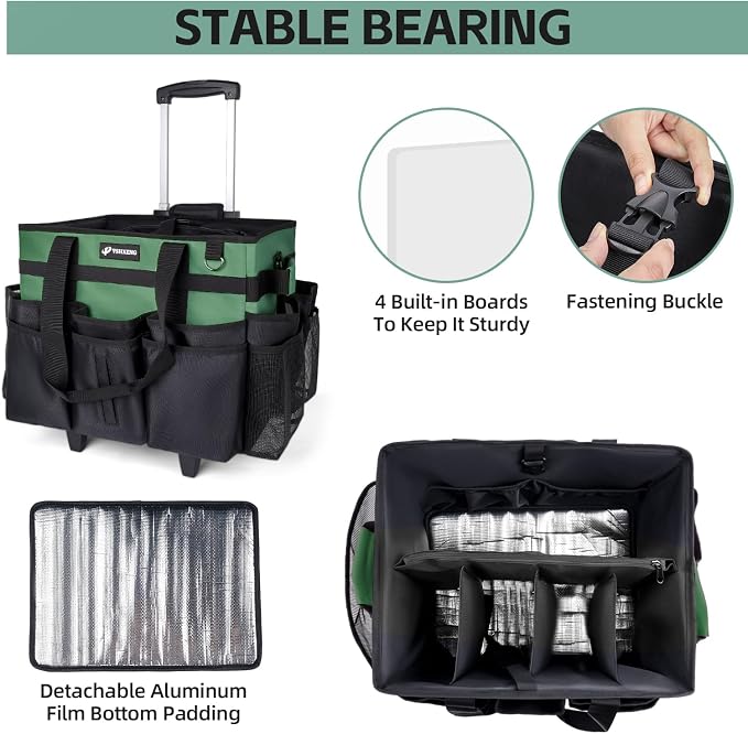 Large Rolling Cleaning Caddy Bag with Wheels, Cleaning Bag with Detachable Trolley, Cleaning Bags on Wheels for Housekeepers, Cleaning Cart Supplies Organizer for Home, Car, Picnic (Green)