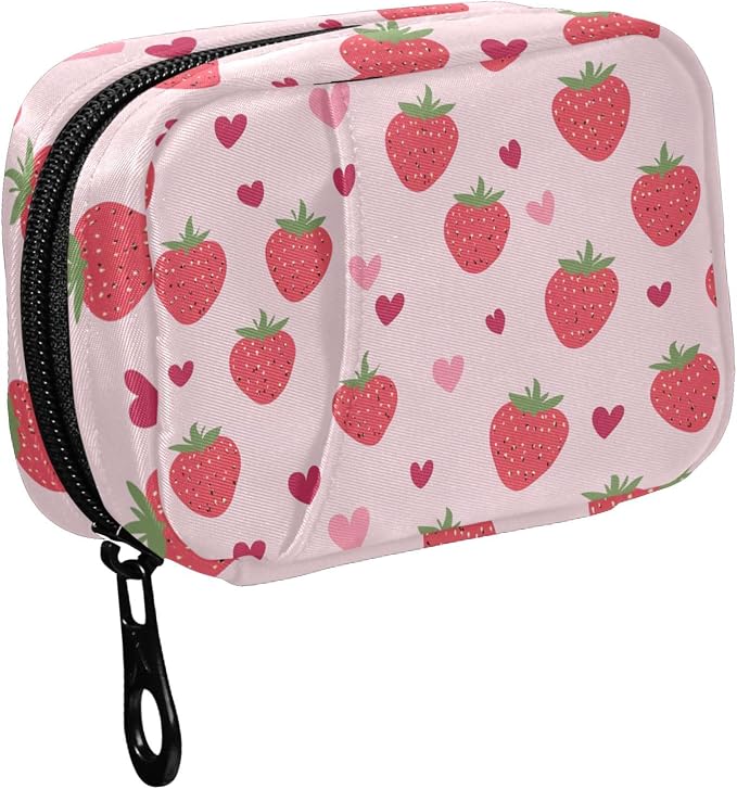 Fustylead Cute Strawberries and Pink Hearts Doodle Pill Organizer for Purse, Weekly Portable Pill Box with Zipper to Storage Vitamins Fish Oils Medications Supplements