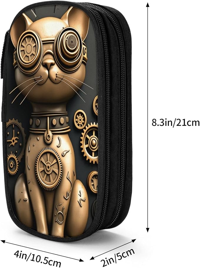 Steampunk Cat Pencil Pouch, Oxford Cloth Pen Case With Double Zipper Compartments, Portable Stationery Organizer For Office Supplies, Travel Accessories Makeup Items