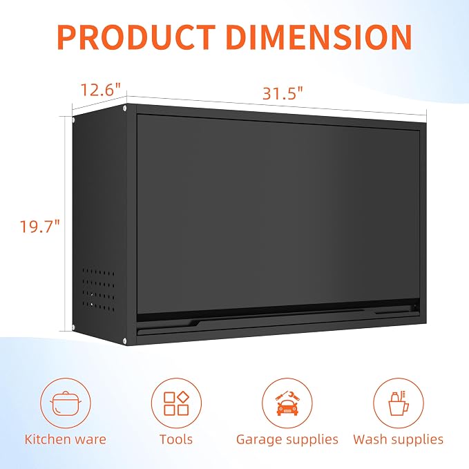 Garage Wall Cabinet, 19.7" H Metal Wall Cabinet with Up-Flip Door | Wall Mounted Metal Storage Cabinet, Upper Cabinet for Kitchen,Garage,Workshop,Warehouse, Assembly Required, Black