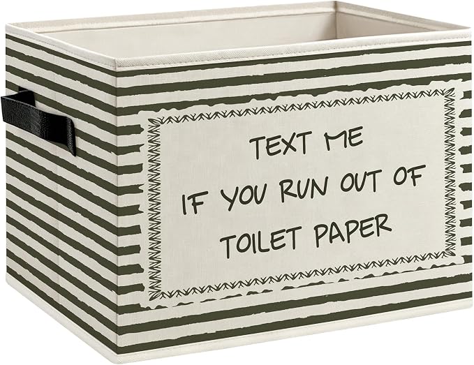 Text Me If You Run Out of Toilet Paper Bathroom Foldable Storage Bins Box with Handles, Funny Neutral Striped Decorative Storage Boxes Baskets Organizer for Washroom Guest Bathroom