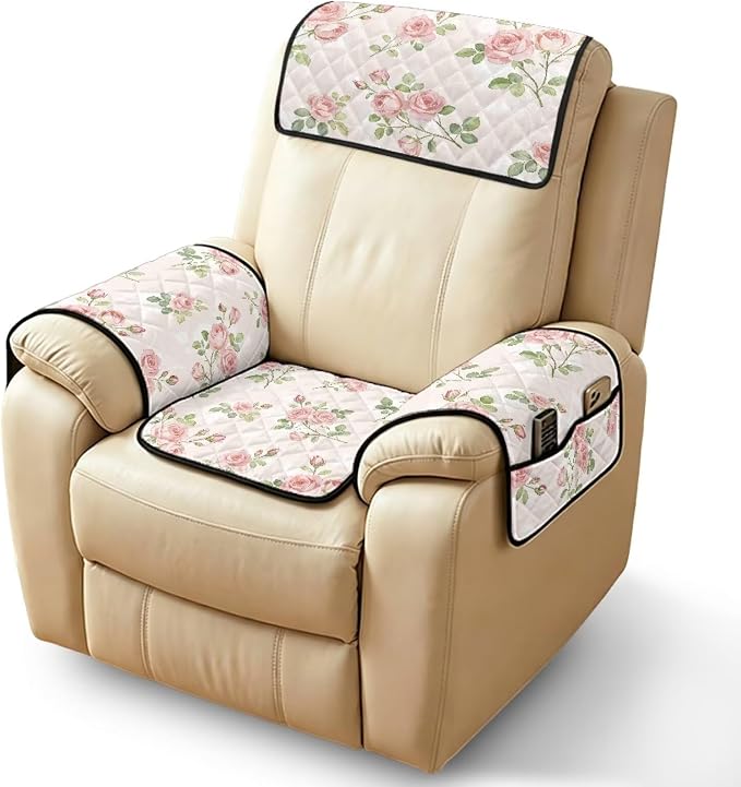 Pink Rose Recliner Chair Covers 4 Piece Pet Friendly | Flower Quilted Recliner Slipcover Non Slip Washable Girly Reclining Chair Cover for Kids Adults Pets Dogs, Dustproof
