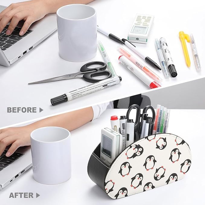 Pu Leather Remote Control Holder Cute Penguins 5 Slot Desk Caddy Box | Cute Penguins Office Desktop Storage Organizer for Controller, Media Player, Stationery Supplies