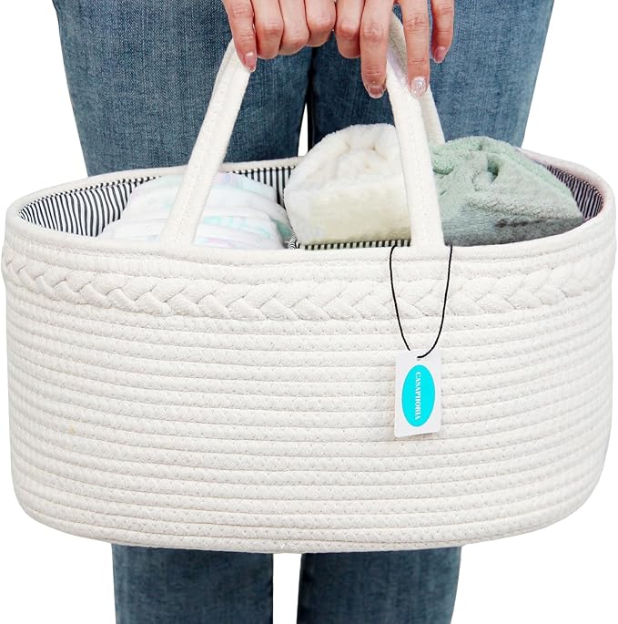 Casaphoria Woven Sundries Hamper - Cotton Rope Basket for Storage, Caddy, Organizer with Handle - Cream White (14.2"x8.5"x7.1")