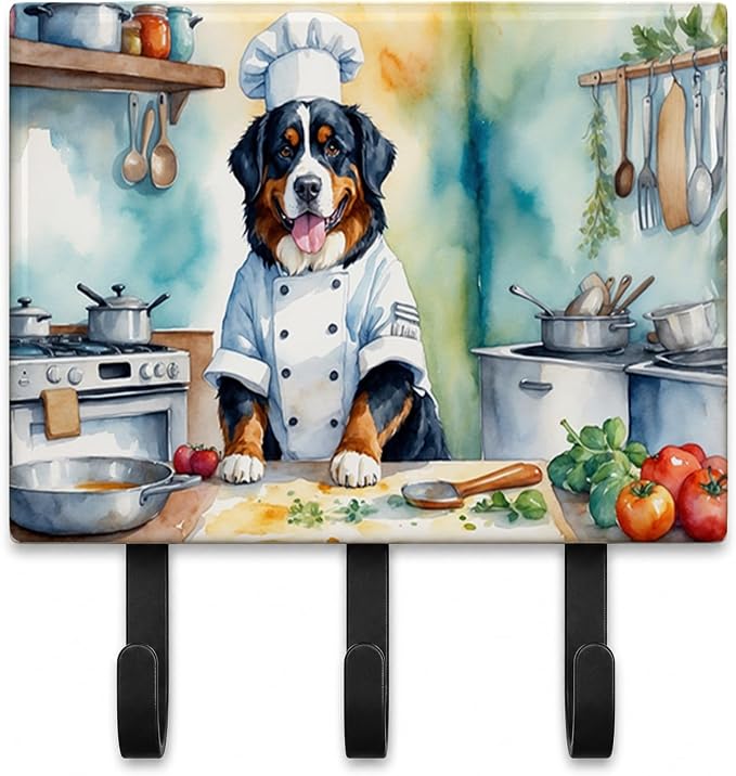 Caroline's Treasures Bernese Mountain Dog The Chef Leash or Key Holder Wall Hooks, Key Hooks Holder, Coat Rack Wall Mount, Coat Hooks, Hooks for Hanging Keys, Towels, Aprons, Leashes | Bernese Mountain Dog The Chef artwork on ceramic tile with three st...