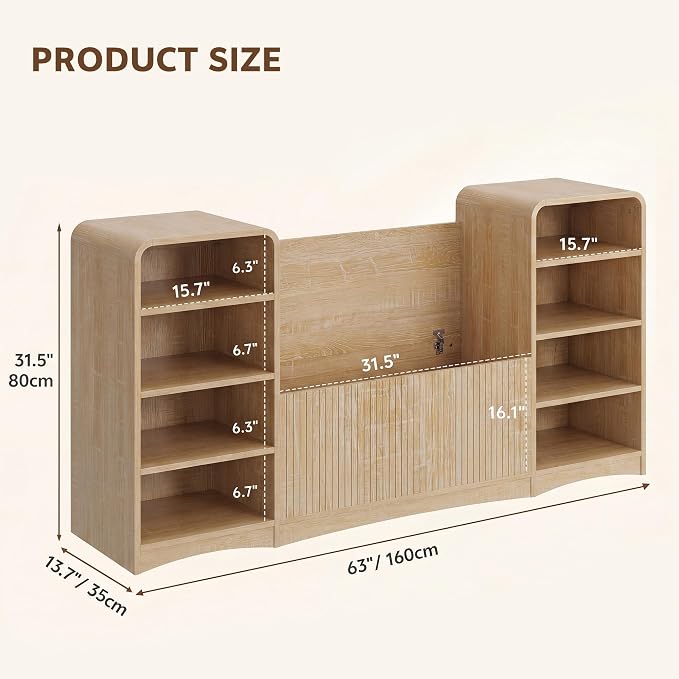 U-Shaped Shoe Cabinet Bench with Flip-Open Box & Shelf, Natural | 63" W Lift-Top Storage Wooden Bench for Entryway, Living Room, Hallway