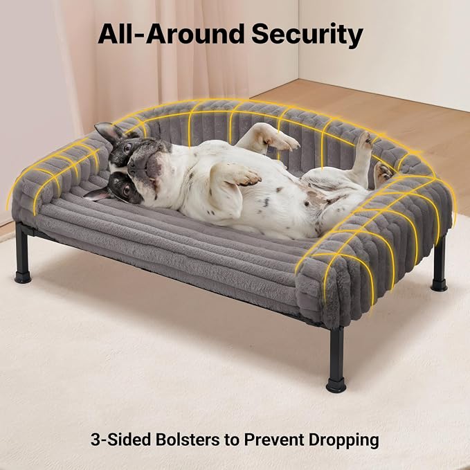 Veehoo Elevated Dog Bed with Bolster Cushion, Fluffy Plush Dog Couch Beds for Small Dogs, Cats, Washable Raised Pet Cot with Non-Slip Feet for Indoor or Patios Use, 36 x 28 Inches, Grey