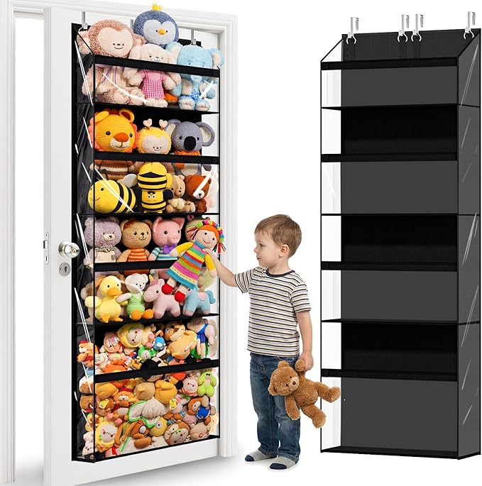 Heavy Duty Stuffed Animal Storage, 4-Tier Clear Extra Large Over The Door Organizer for Stuffies, Baby Ideas Holder, Toy Plush Hanging Organizer Big Girls Toddler Bag Animals Stuffy, Black