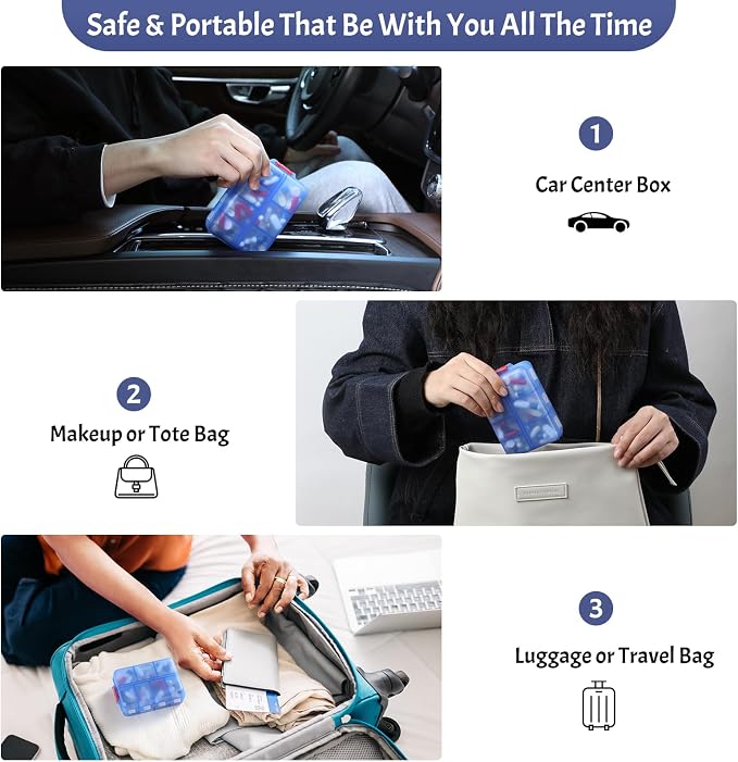 NEW Foldable & Double Protection Portable Weekly Pill Organizer 2 Times A Day with Etched Labels, AM PM 7 Day Week Medicine Box, Daily Travel Pill Case Dispenser for Vitamin, Supplement - Clear Blue
