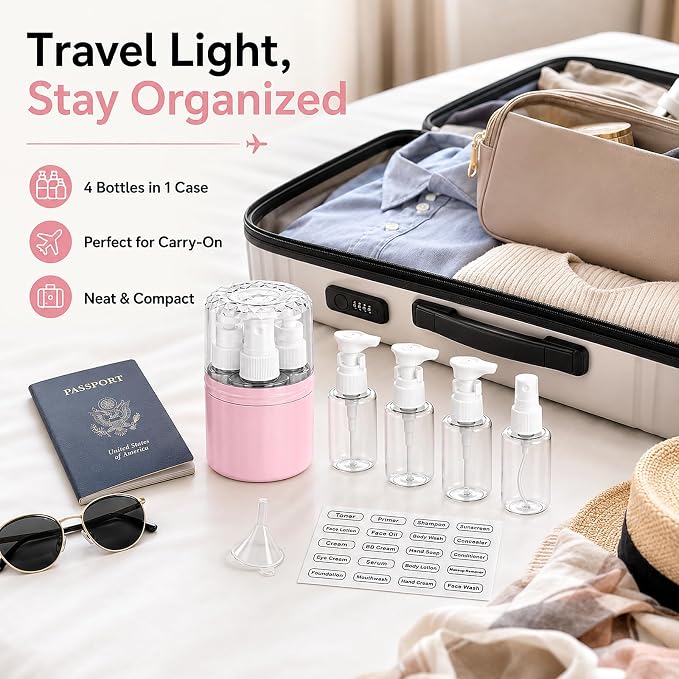 4-in-1 Travel Dispenser with 4 x 50 mL Bottles, Pink | 4 refillable 50 mL bottles, pump and spray tops, included label stickers, compact design for toiletries, travel, gym