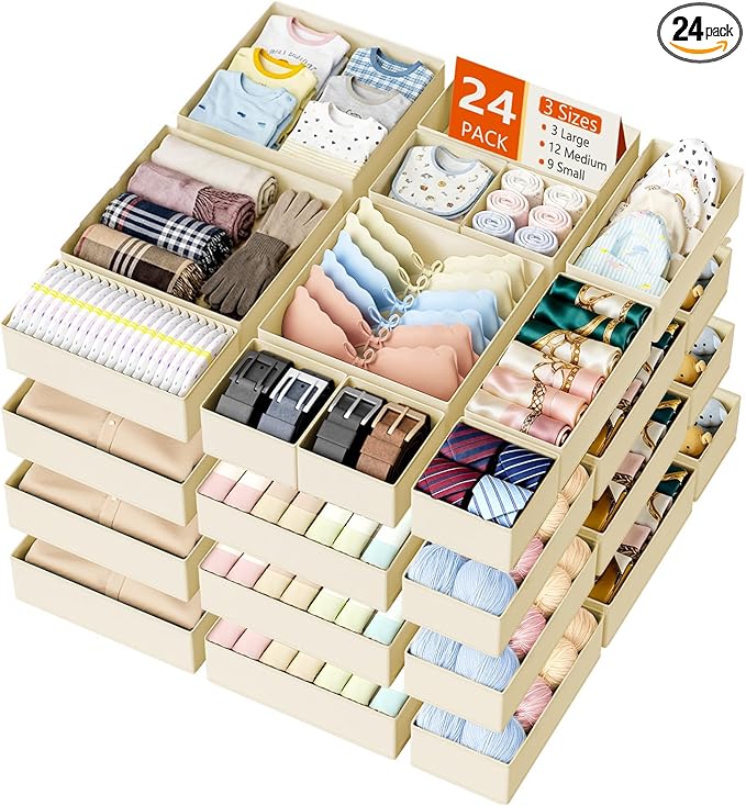 DIMJ Drawer Organizer Clothes 24 Pack - Foldable Baby Organizers and Storage Dresser Organizer for Bedroom, Closet Nursery Organization Dresser Dividers for underwear, Sock, Bra, Belt, Tie