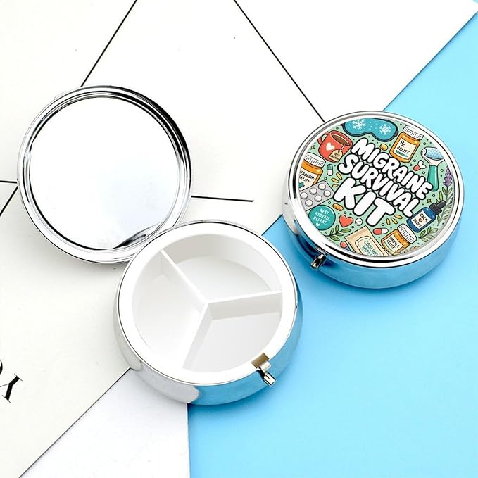 Colorful Migraine Survival Kit Illustration Round Pill Box with 3 Compartments, Portable Travel Pill Organizer with Spring Snap Closure for Vitamins Supplements Fish Oil