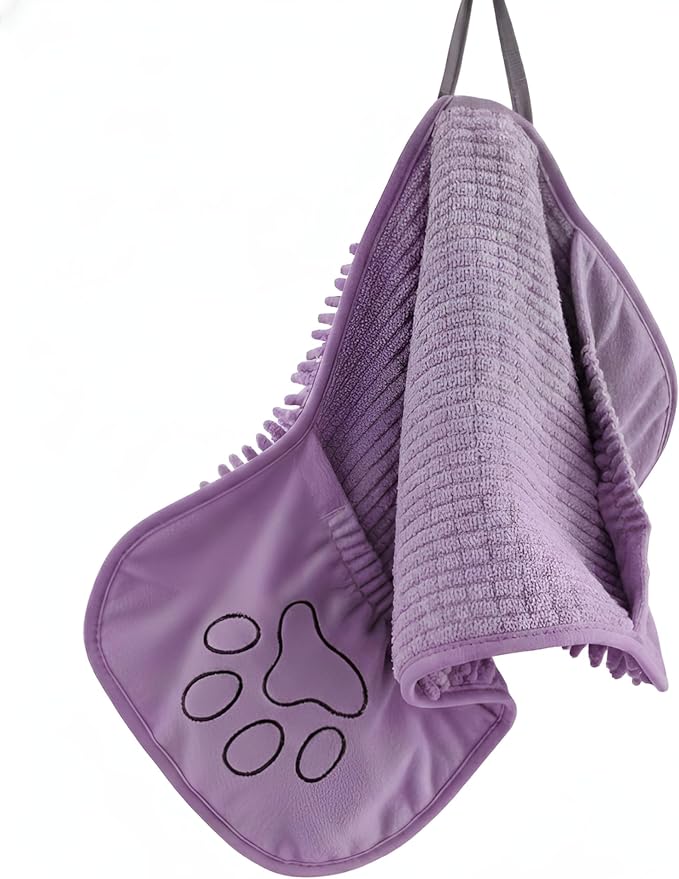 Super Absorbent Dog Drying Towel - 24.4''x10'' Chenille Microfiber Pet Bath Towel with Dual Hand Pockets, Quick Dry Soft Grooming Towel for Small Medium Large Dogs and Cats, Machine Washable (Purple)