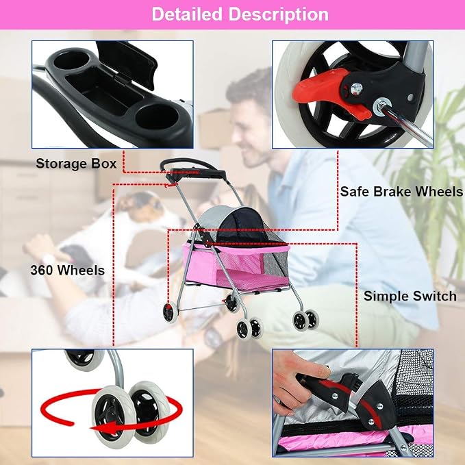 HGS Pet Cat Dog Stroller 4 Wheels Jogger Puppy Travel Carrier Portable Doggie Cage Strolling Cart with Cup Holders, 35Lbs Capacity Folding Waterproof Strolling Cart for Medium Dogs Cats Pet, Pink