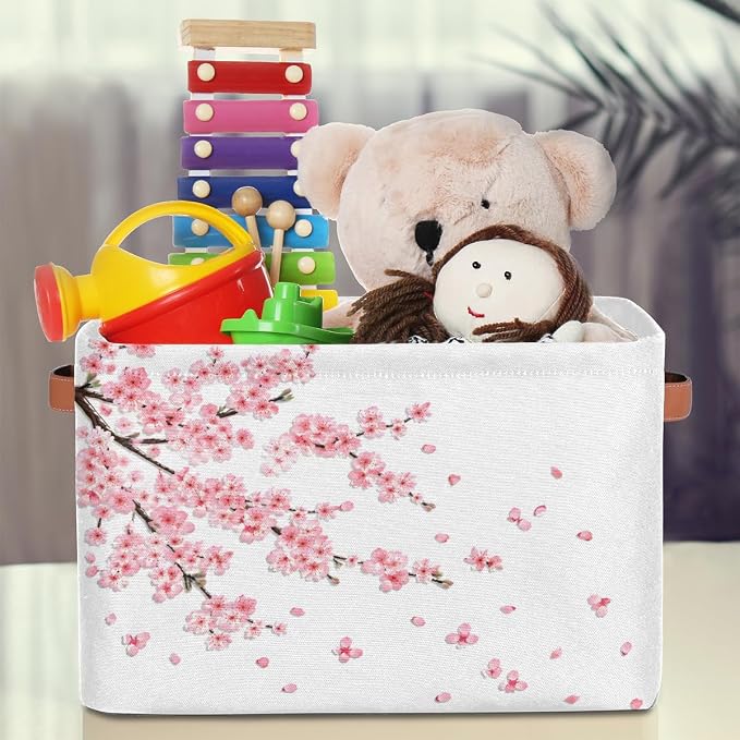 Basket Storage Bins Japanese Cherry Blossoms Rectangle Cube Basket Box Kids Girls Boys Toys Organizer Beaket Decor Foldable with Handle for Living Room Bedroom Closet Nursery Office Shelf Gifts