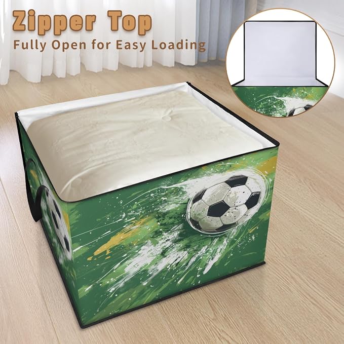 Soccer Large Storage Bags, Fabric Bed Storage Containers, Foldable Closet Organizers for Blanket, Clothing, Comforter, Bedding, Sports Theme