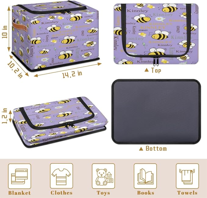 Custom Rectangular Storage Basket with Zipper Lid, Kids Baby Toys Bin, Books Shelf Basket, Clothes Towel Bin for Nursery, Gift Basket, Lavender Purple Cartoon Bee with Daisy Floral