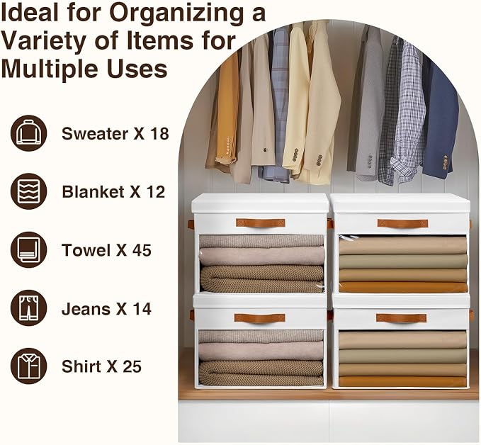 Large Storage Bins with Lids - 4 Pack Foldable Decorative Organizers with Clear Windows & Handles, Cube Storage Organizers for Clothes, Blankets, Sweaters, CD, White