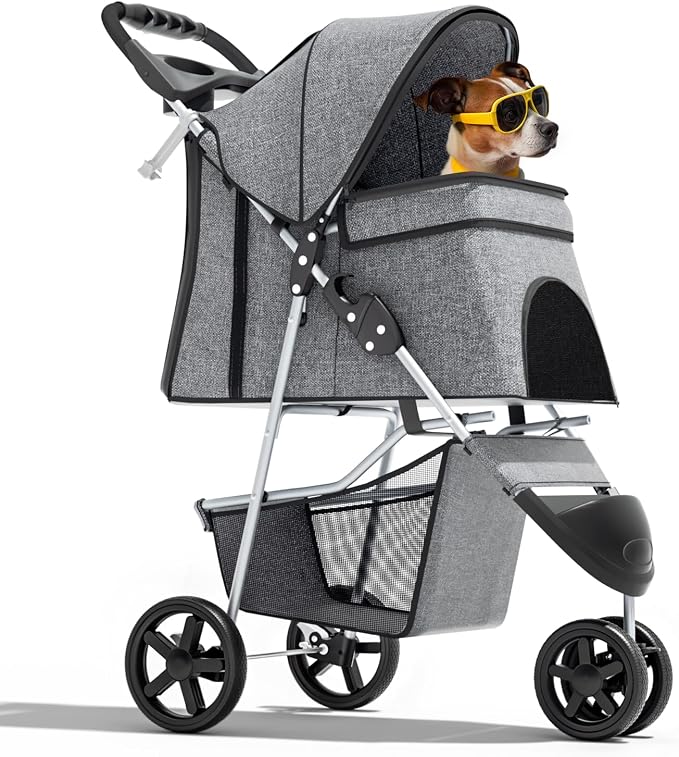 Magshion 3-Wheel Pet Stroller for Small/Medium Dogs & Cats, Up to 33lbs | Foldable Travel Jogger w/ Breathable Mesh Cover, Lightweight Design, Safety Tethers, Cup Holder & Storage Basket