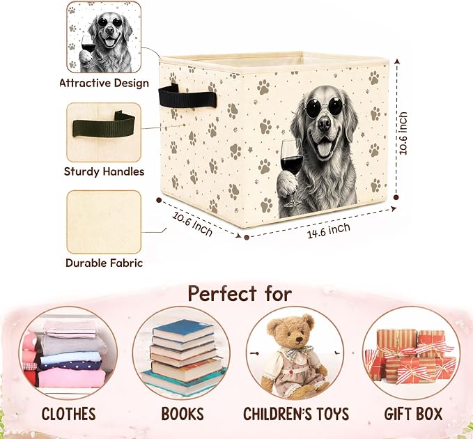 Golden Retriever Wine Storage Bin, Foldable Organizer Basket | Funny golden retriever wine storage bin with sunglasses dog design, paw print pattern, foldable fabric and handles.