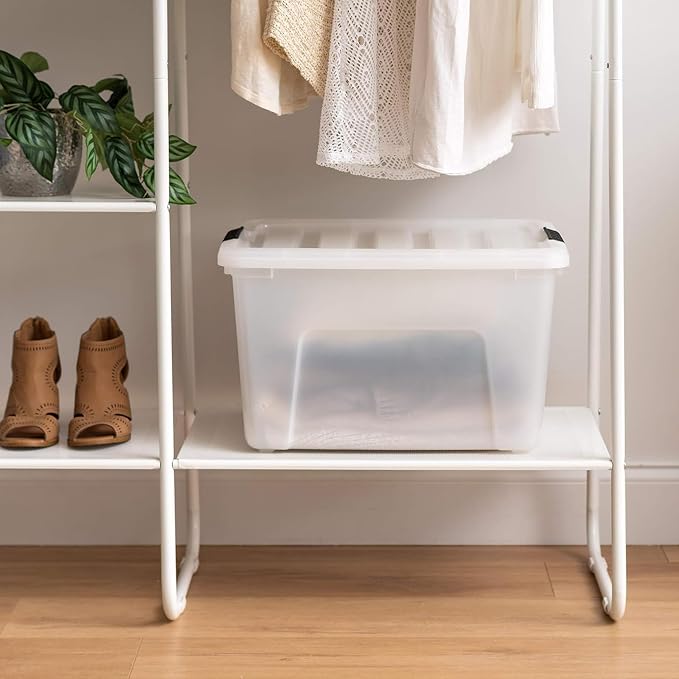 IRIS USA 4-Pack 40 Quart Storage Bins with Lids, Pearl | Conceals contents for a clean look. Perfect for moving, blankets, clothing, and garage storage. Nestable design saves space