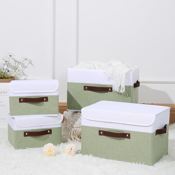 ANMINY Fabric Storage Box Bins with Lids, Green White, 10"x8"x7", 4 Pack | Keepsake Memory Storage, Cotton Linen, PP Board Reinforced, Washable, PU Handles, Foldable & Stackable, Decorative, Small