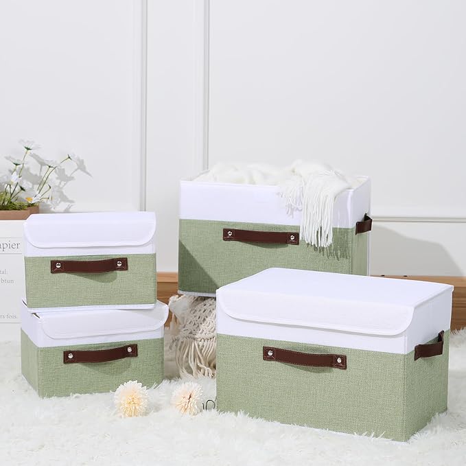 ANMINY Fabric Storage Box Bins with Lids, Green White, 13"x9"x7.9", 2 Pack | Keepsake Memory Storage, Cotton Linen, PP Board Reinforced, Washable, PU Handles, Foldable & Stackable, Decorative, Medium