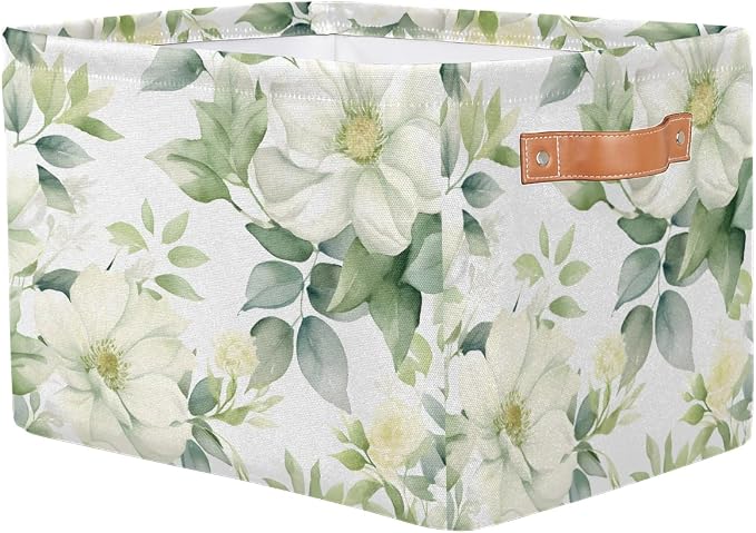 Storage Baskets for Shelves, White Flower Green Leaves Fabric Storage Cubes Closet Organizers and Storage Bins with Handles Home Organization, 15x11x9.5 inch