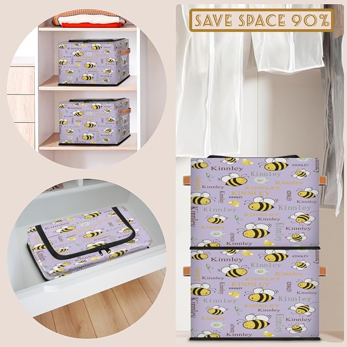 Custom Name Storage Bin with Lid Zipper, Personalized Rectangular Storage Basket with Handles for Organizing Girls Toys Office Closet Shelf Baskets, Cartoon Bee with Daisy Floral Light Purple