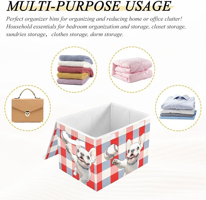 Dog Baseball Fabric Storage Bins with Lid Closet Storage Basket 40L | Decorative Storage Boxes, 300D Oxford Cloth, Hollow Board Frame, Flip Top Velcro Lid, 16.5x12.6x11.8 inch, Collapsible Design
