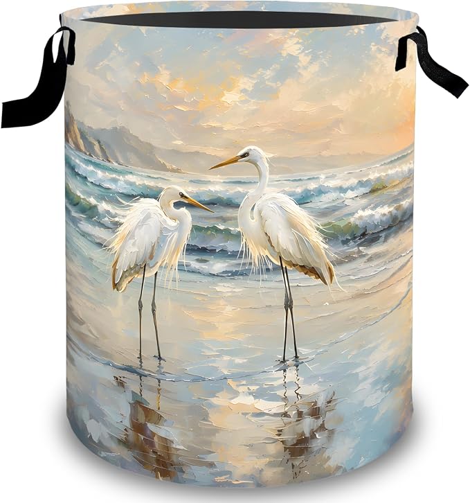 Elegant Great Egret Laundry Basket Hamper, Organizer Bins Gifts for Women Kids, Coastal Bird Foldable Waterproof Clothes Hamper Handles Storage Bucket for Bedroom Bathroom Room Decor 19.7"x15.7"
