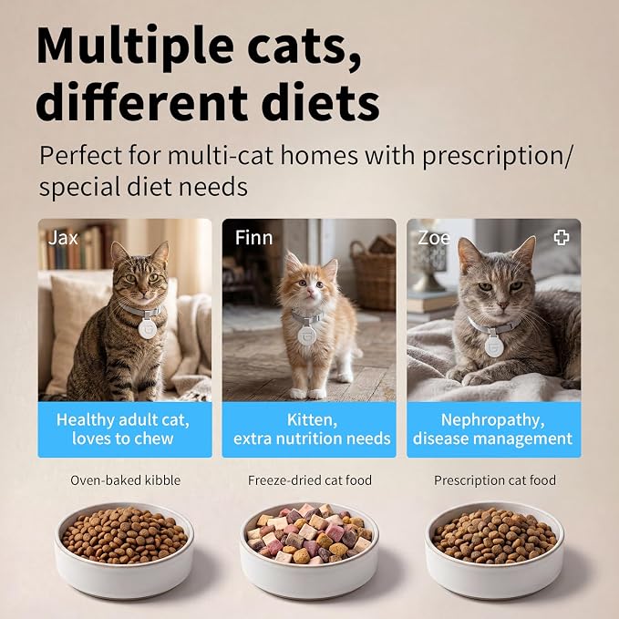 HoneyGuaridan RFID Automatic Cat Feeder with Collar Tag-Activated Personalized Meal, 5G WiFi APP Control Cat Food Dispenser with Diet Tracking and Anti-Theft for Multi Pet Home and Different Diet