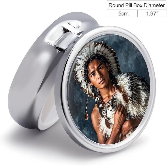 3 Compartment Medicine Pill Case, Indigenous People and Wolves Round Pill Box, Portable Decorative Medicine Organizer for Pocket Or Purse Vitamin Organize