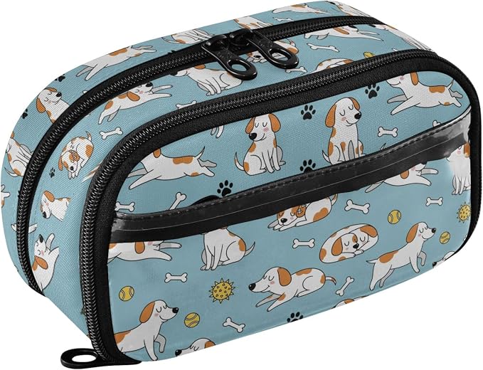 Pets Dogs Blue pattern Large Capacity Pencil Case with Zipper Water Resistant Portable Organizer Pen Bag for Office Students School
