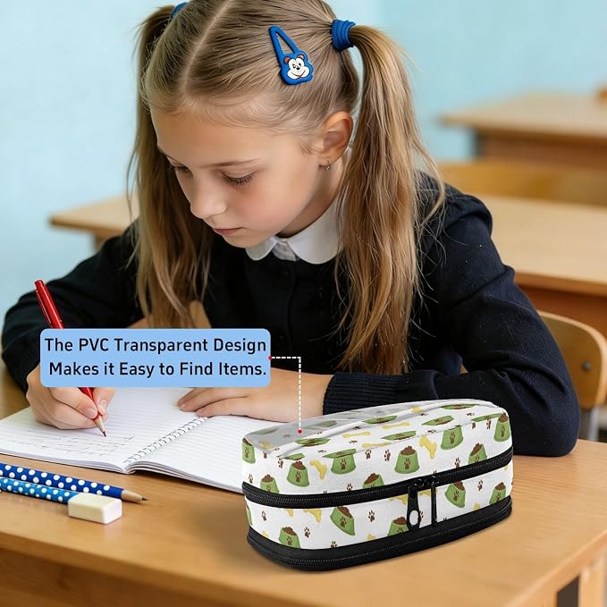 Pet White print Large Capacity Pencil Case with Zipper Water Resistant Portable Organizer Pen Bag for Office Students School