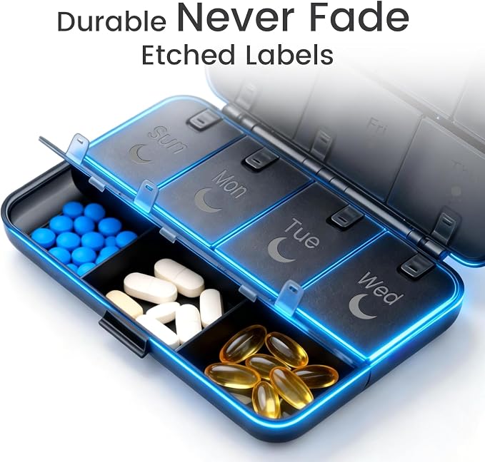 [Upgrade Version] Foldable Weekly Pill Organizer 2 Times A Day, Large 7 Day Medicine Pill Organizers w/Permanent Etched Labels, Weekly AM PM Pills Box Case Travel for Vitamin Supplements, Fish Oil