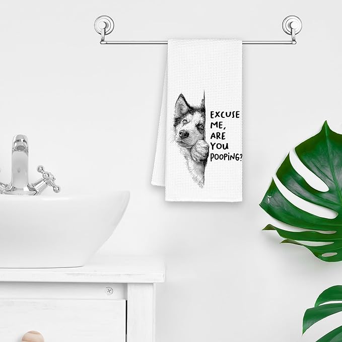Funny Dog Husky Bathroom Towels, Cute Rustic Hand Kitchen Towels Gifts for Dog Lovers, are You Pooping Bar Dish Towel Decor for Dorm Bar Cafe 16x24in