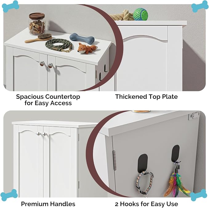 32" H Dog Feeding Station with Storage with Adjustable Shelves | Pet Food Storage Cabinet with 2 Elevated Bowls,Hooks & Letter Stickers,Hidden Dog Feeding Organizer for Cats and Dogs,White