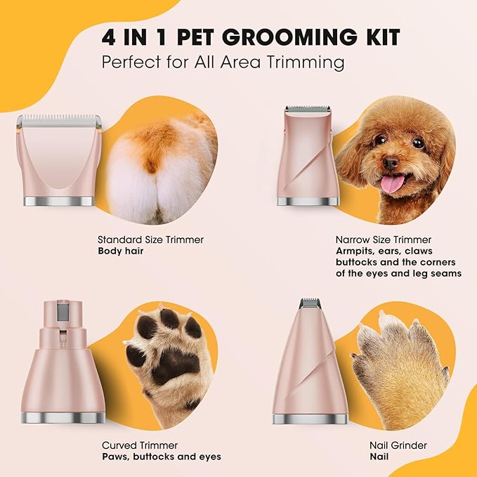 QREEYX Upgrade Dog Grooming Kit, Cordless Dog Paw Trimmer, 4 in 1 Low Noise Pets Hair Clipper Grooming Kit, 2-Speed Nail Grinder with Stainless Steel Blade for Small Pet with Thick Coats (Pink)