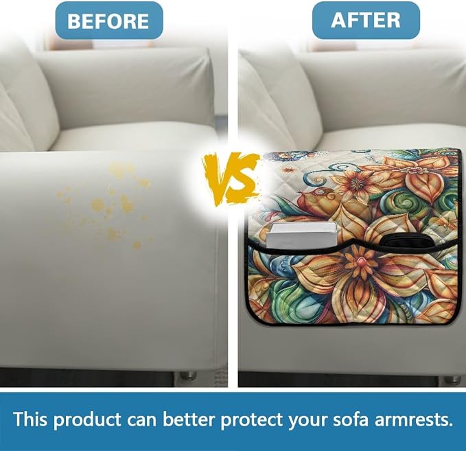Boho Flower Butterfly Sofa Arm Covers for Couch Stretch Armrest Covers Easy to Clean Armchair Cover Sofa Armchair Slipcovers Recliner SofaArm Protector